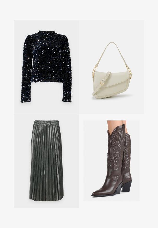 Čierny dlhý rukáv top posiaty flitrami s modrými a striebornými akcentmi, s vysokým výstrihom a priliehavým strihom.; Metalická zelená plisovaná sukňa s elastickým pásom. Obsahuje úzke, vertikálne plisovanie a strednú dĺžku, čím vytvára štruktúrovanú siluetu.; Hnedé kožené kovbojské topánky s špicatou špičkou a blokovým podrážkou, so zložitým prešívaním a vyvýšenými akcentmi na puzdre.; Malá krémová kabelka s textúrovaným povrchom, dlhým nastaviteľným popruhom, reťazovým detailom a klopovým uzáverom. Zlaté kovové prvky.