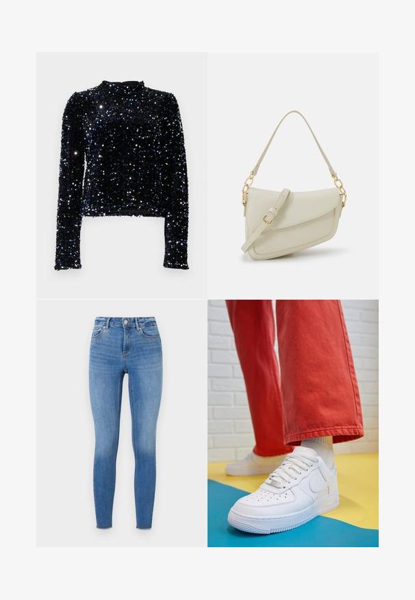 Juodas ilgomis rankovėmis viršus, padengtas blizgučiais su mėlynomis ir sidabrinėmis akcentais, turintis aukštą apykaklę ir prigludusią siluetą.; Lieknos džinsinės kelnės, pagamintos iš šviesiai mėlynos džinsinio audinio, turinčios dekoratyvinius auksinius taškus prie priekinių kišenių ir suplėšytą hemą ties kulkšnimis.; Baltos odinės kedų sportbačiai su perforuotu pirštu, tekstūruota pado dalimi ir baltais raišteliais, derinami su plačiomis raudonomis kelnėmis ir mėlynos bei geltonos spalvų fono kompozicija.; Mažas kreminis rankinukas su tekstūruotu paviršiumi, ilga reguliuojama juostele, grandinėle ir užsegimu su atvartu. Aukso detalės.; Aukso auskarai su lygiu, blizgiu paviršiumi. Apvalus dizainas su maža užrakto dalimi ir skaidria atrama saugiam nešiojimui.