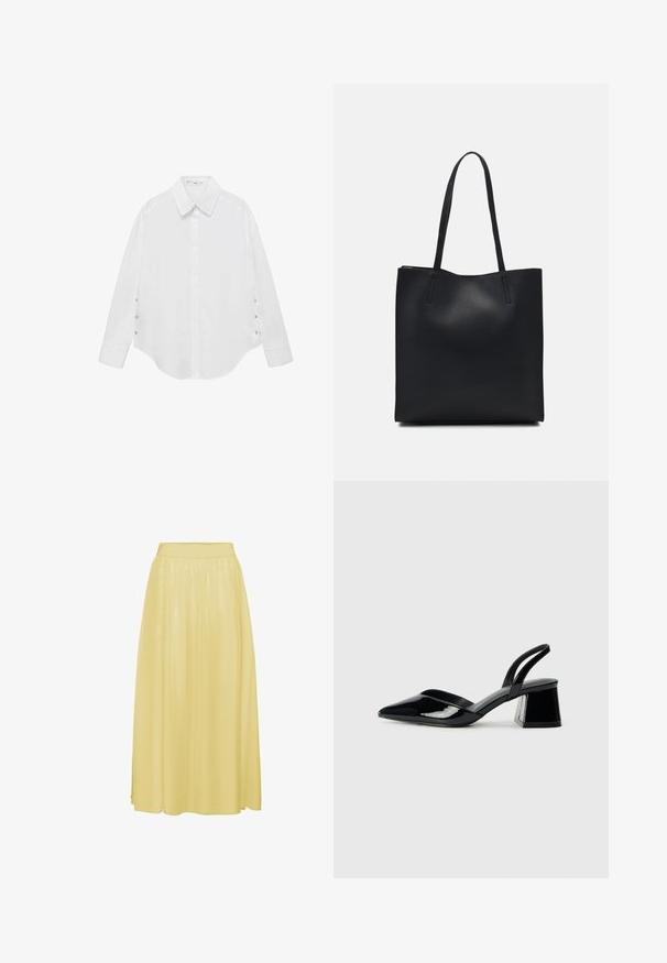 Biała koszula z długim rękawem z klasycznym kołnierzykiem, zaokrąglonym dołem i guzikami na rękawach. Wykonana z gładkiego materiału.; Żółta spódnica do kostek, wykonana z gładkiego, lekkiego materiału. Posiada elastyczny pasek w talii oraz zwiewny fason z delikatnym połyskiem.; Czarne lakierowane półbuty na obcasie z wydłużonym noskiem i geometrycznym słupkiem. Charakteryzują się eleganckim, minimalistycznym designem oraz gładką fakturą.; Czarna skórzana torba tote o gładkiej fakturze, prostokątnym kształcie i dwóch długich uchwytach. Brak widocznych elementów metalowych i ozdób.