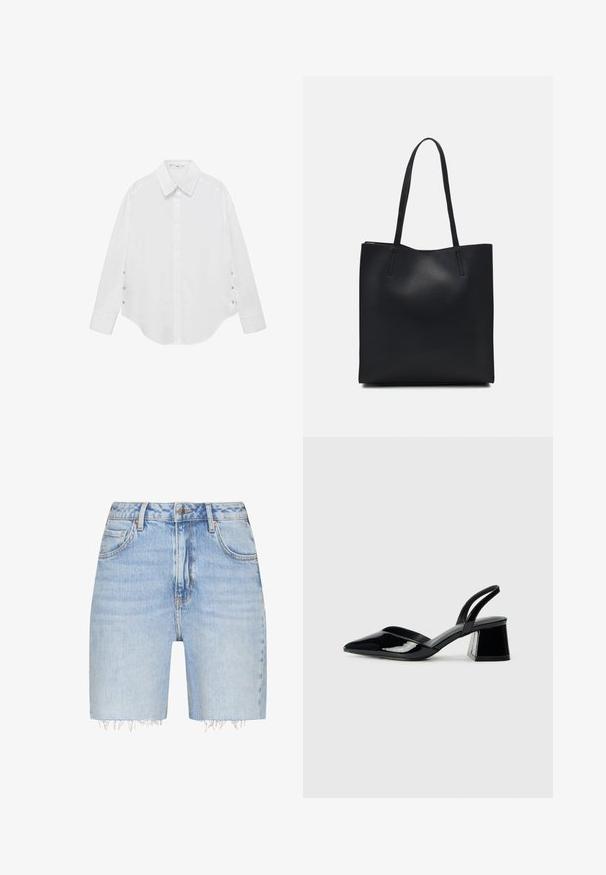 Biela košeľa s dlhým rukávom a klasickým golierom, zakriveným lemom a gombíkovými detailmi na rukávoch. Vyrobená z hladkej tkaniny.; QS BERMUDA HIGH RISE - Denimové šortky - blau; Čierne lakované kožené sandálové podpätky s špicatou špičkou a geometrickým blokovým podpätkom. Disponujú elegantným, minimalistickým dizajnom a hladkým povrchom.; Čierna kožená taška na rameno s hladkým povrchom, obdĺžnikovým tvarom a dvoma dlhými uchami. Bez viditeľného kovania alebo ozdôb.
