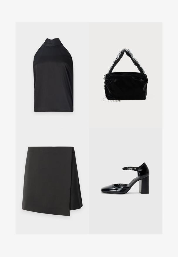 Musta halterneck-toppi, joka on valmistettu sileästä kankaasta. Siinä on korkea kaulus ja väljä malli, ilman näkyviä kiinnityksiä tai koristeita.; Mustat korkeavyötäröiset mini-hameet, joissa on epäsymmetrinen helma, valmistettu sileästä kankaasta, sisältävät minimalistisen suunnittelun ilman koristeita.; Musta lakattu nahkainen korkokenkä neliskanttisen kärjen, nilkkaremmin ja paksun koron kanssa. Mukana reikäkuviointi reunassa.; Mustat keinonahkaiset käsilaukut, joissa on teksturoitu pinta, varustettuna helmistä tehdyn hopeisen koristeen kanssa yläkahvassa ja ketjuhihnalla.