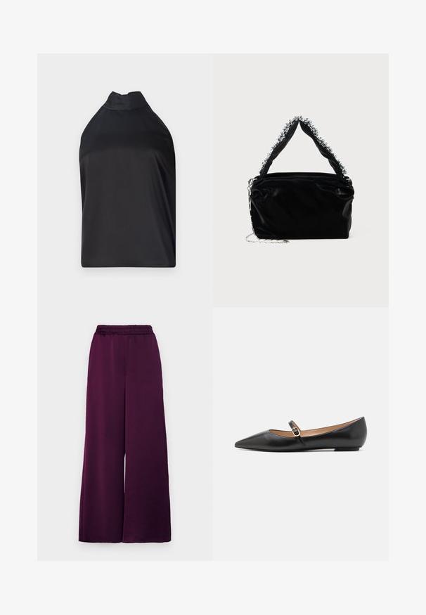 Top negru cu guler halter, realizat dintr-un material neted, având un guler înalt și o croială lejeră, fără închideri sau detalii decorative vizibile.; MAX&Co. ACRUX - Pantaloni - most; Balerini din piele neagră, cu vârf ascuțit și o curea laterală ce prezintă un accent circular de aur. Ușoare, cu o talpă plată.; Geantă din piele sintetică neagră cu un finisaj texturat, având un accent din mărgele argintii de-a lungul mânerului de sus și o curea din lanț.