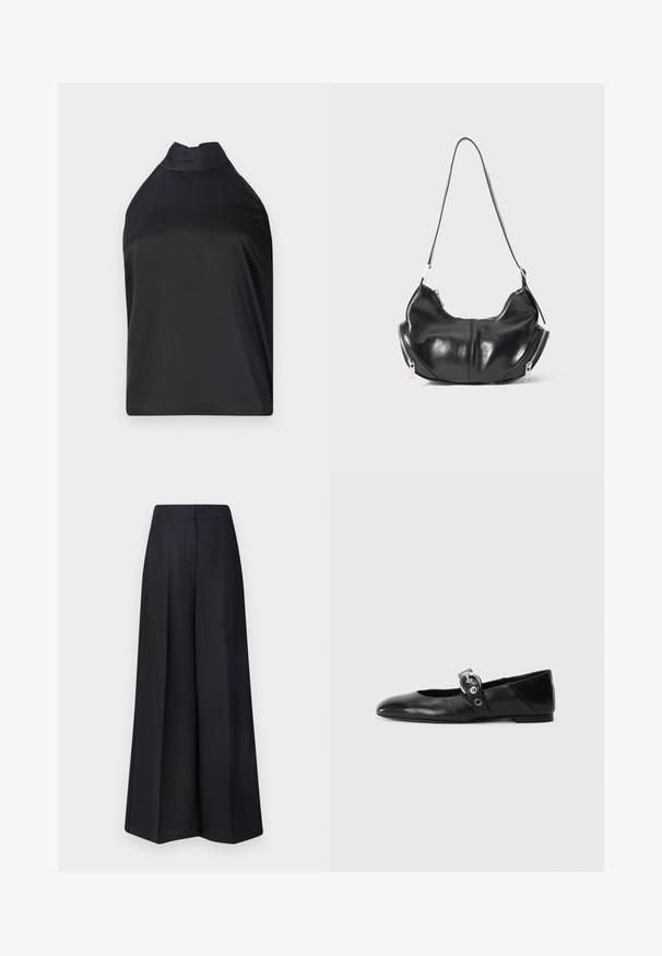 Black halter neck top made of smooth fabric, featuring a high collar and a loose fit with no visible fastenings or embellishments.; MAX&Co. IPPICA - Trousers - black; Black leather ballet flats with a pointed toe, featuring a strap with a circular metallic buckle and a flat sole.; Black leather crescent-shaped shoulder bag with silver zippers on both sides and a single strap.
