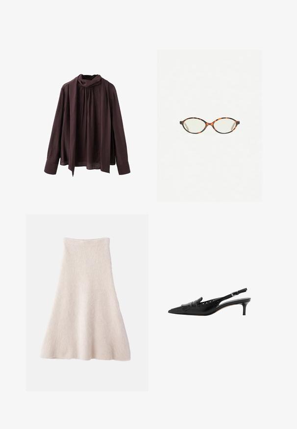 Tumepruun pikkade varrukatega pluus, kogutud kaelusega ja külge õmmeldud pika salliga, valmistatud kergest tekstuurilisest kangast.; Hame beige vaaleanruskea, A-linjainen, pehmeästä, teksturoidusta kankaasta, jossa on sileä vyötärö ja virtaava siluetti.; Musta nahkainen slingback-kengä, jossa on terävä kärki, koristeellinen reuna, rei'itetty muotoilu ja hoikka korko. Varustettu säädettävällä nilkkahihnalla.; Kilpikonnakuosiset silmälasit, joissa on soikeat linssit ja tyylikäs, sileä pinta. Ominaisuudet: ohuet sivut, joissa on hienovarainen kaari temppeleissä. Kirkkaat linssit.; Musta kiiltävä käsilaukku, jossa on kaareva siluetti, kaksi kahvaa ja etupuolella logo-plakaatti. Vetoketjusulku ja kiiltävät metalliosat.