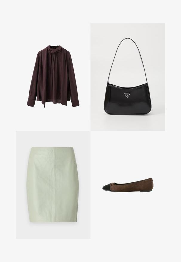 Bluză lungă de culoare maro închis, cu mâneci lungi, guler pliat și detaliu cu eșarfă lungă atașată, fabricată dintr-un material texturat ușor.; Fustă mini din piele verde mentă cu o textură netedă, design ajustat și o cusătură centrală care se desfășoară vertical pe spate.; Baletă din suede maro cu vârf negru și detaliu cu fundiță mică, toc mic și garnitură elasticizată în jurul deschiderii.; Geantă de umăr din piele patent neagră, cu o formă curbată, având un logo triangular argintiu și închidere cu fermoar. Textură netedă și curea subțire.