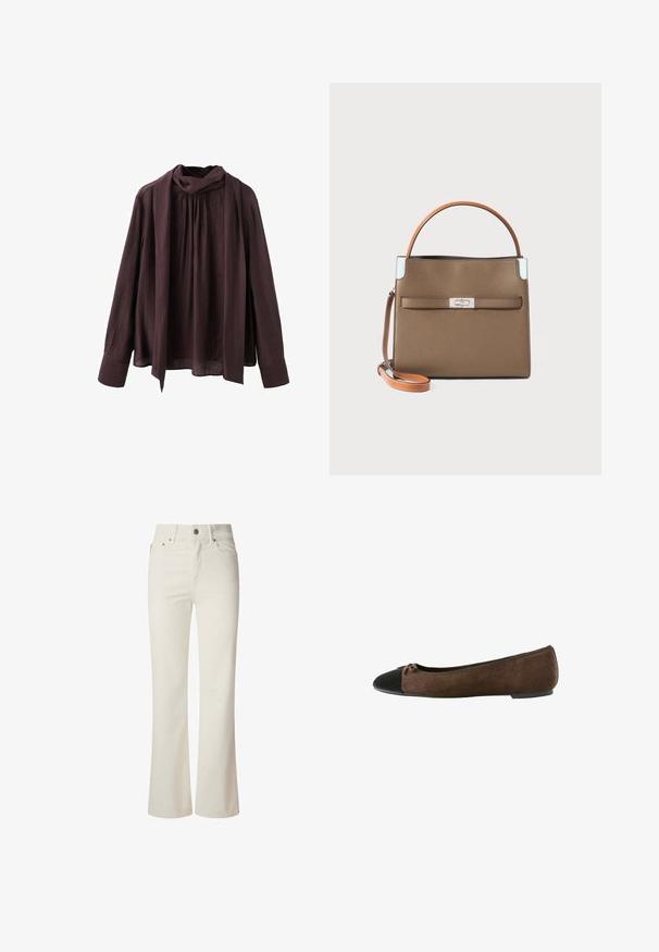 Mörkbrun långärmad blus med rynkad halsringning och fäst lång scarfdetalj, tillverkad av lätt strukturerad tyg.; Vita utsvängda jeans i denim. Har hög midja, fem fickor och metallknapclosure. Slät yta utan synliga mönster.; Bruna mocka baletttofflor med svart tåskydd och liten rosett, låg klack och elastisk kant runt öppningen.; Brun läderhandväska med en strukturerad design, orange handtag, silverfärgade detaljer och en framficka med måttslutning.