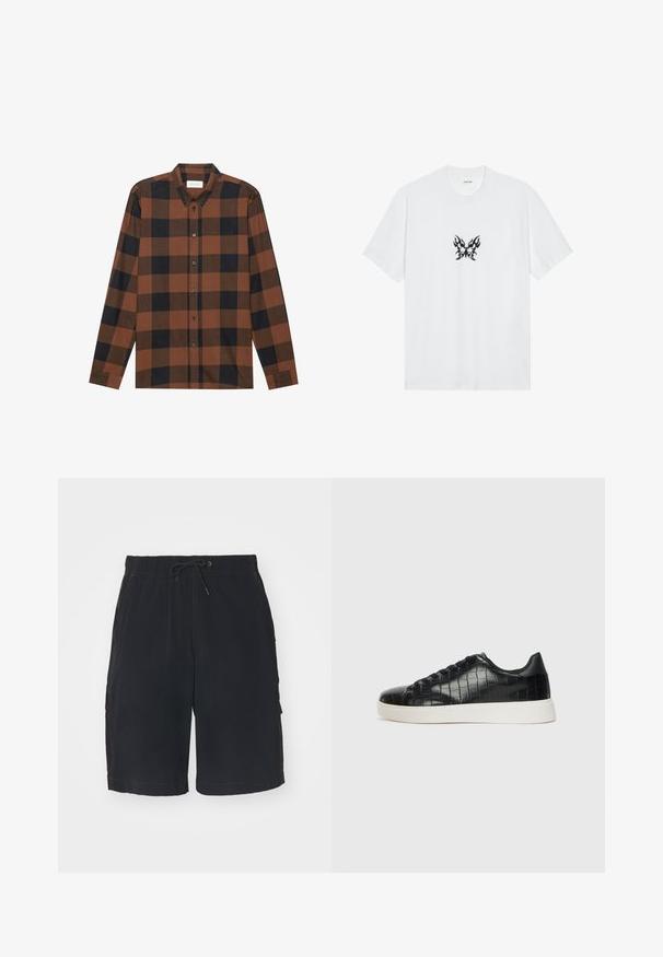 Smeđi i crni karirani košulja dugih rukava izrađena od tkanine s ovratnikom na gumbe i zakopčavanjem na gumbe; ima rukave s manžetama.; Bijela pamučna majica s kratkim rukavima i okruglim izrezom. Središnji motiv čini crni leptir s uzorkom plamenova. Glatka tekstura.; Crne cargo kratke hlače s elastičnim pojasom, vezicom, bočnim džepovima i kontrastnim šavovima. Napravljene od lagane tkanine.; Crne tenisice s teksturiranom gornjom površinom od kože s uzorkom krokodila, zaobljenim vrhom i kontrastnom bijelom gumenom potplatom s glatkom završnom obradom.