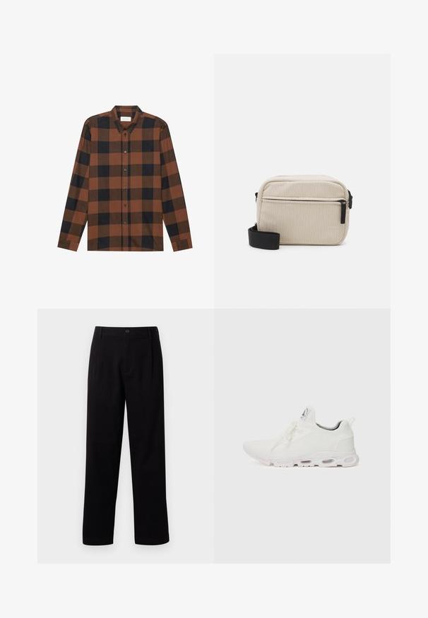 Rudas ir juodas langeliais ilgarankovė marškiniai, pagaminti iš audinio su sagų apykakle ir sagų užsegimu; turi rankogalių rankoves.; Juodos audinės kelnės su tiesiu kirpimu, priekinėmis klostėmis ir vienu mygtuko užsegimu. Lygus paviršius ir be matomų raštų.; Baltos sportinės detalės batai su tekstūruotu megztu viršumi, plokščiais raišteliais ir paminkštintu padu, kuriame matomos oro kameros papildomam palaikymui.; Grietos spalvos kordūrinė per petį nešama rankinė su juodu užtrauktuku, nuimamu diržu ir tekstūruotu raštu. Yra viena pagrindinė kišenė ir priekinė kišenė.