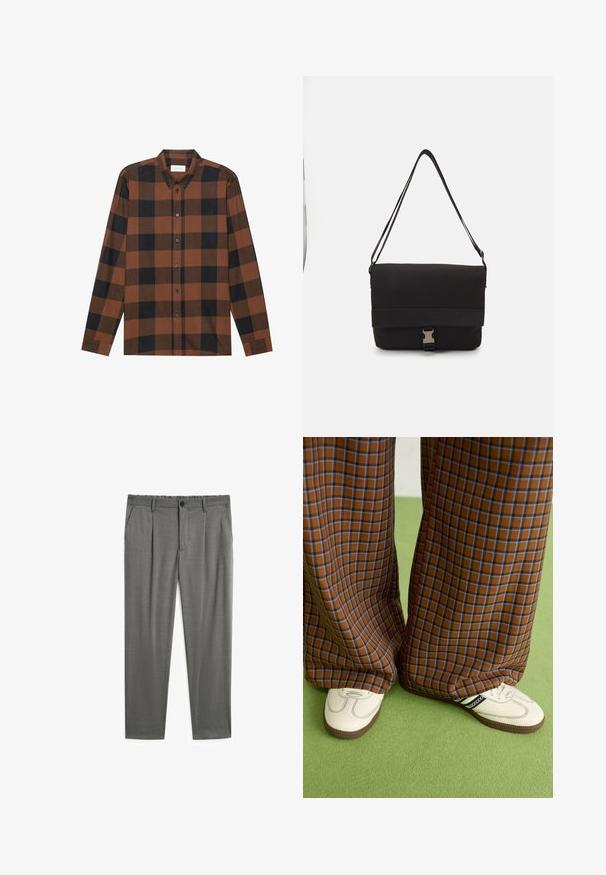 Chemise à manches longues à carreaux marron et noir en tissu, avec un col à rabat et une patte de boutonnage ; présente des manches à poignets.; Pantalon gris avec une texture lisse, doté d'une fermeture à bouton, d'une taille élastique et de deux poches latérales. Design ajusté avec des plis.; Un pantalon large à carreaux marron et bleu associé à des chaussures blanches avec des accents noirs et des semelles texturées, le tout sur fond vert.; Sac messager noir en matériau lisse, avec un rabat repliable, des fermoirs en métal argenté et une bandoulière réglable.