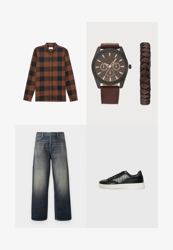 Rudas ir juodas langeliais ilgarankovė marškiniai, pagaminti iš audinio su sagų apykakle ir sagų užsegimu; turi rankogalių rankoves.; Plati kojos džinsai tamsiai mėlynos denimo su gradientiniu finisavimu, turintys mygtukų užtrauktuką, penkių kišenių dizainą ir struktūruotą siuvimo detalių apdailą.; Juodi sportiniai batai su tekstūruotu krokodilo odos pamušalu, apvalia kojų dalimi ir kontrastinga balta guma su lygiu paviršiumi.; Pier One SET - Laikrodis - black/brown