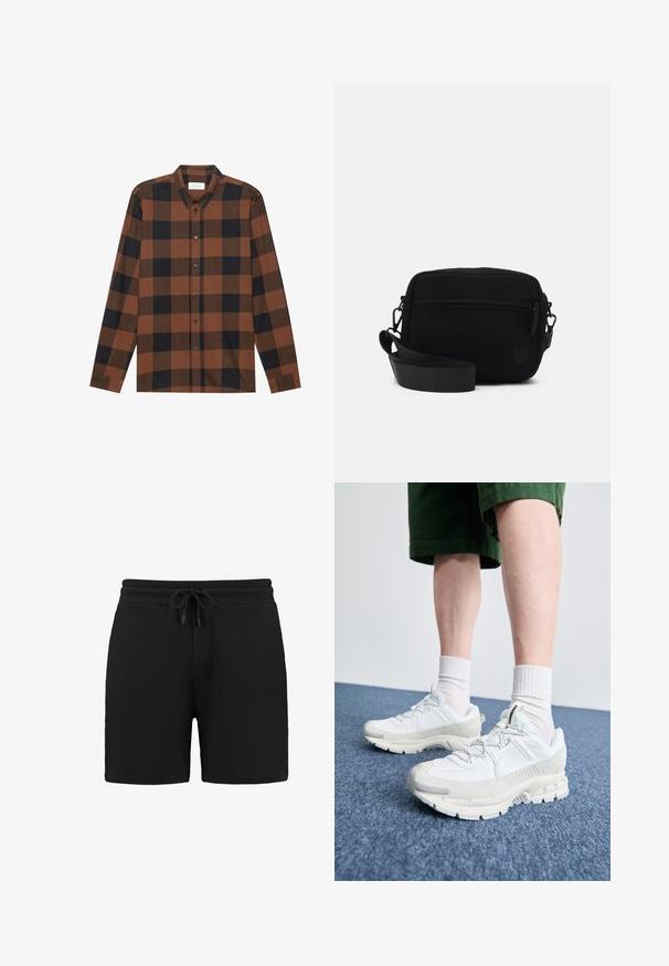 Brūna un melna pārbaude ar garām piedurknēm, izgatavota no auduma ar pogu leju pie kakla un pogu aizdari; ir aproču piedurknes.; Melni kokvilnas šorti ar elastīgu jostasvietu un saiti. Iekļauj priekšējo kabatu un gludu, maigu tekstūru. Klasiska sporta dizaina.; Baltas sporta apavi ar teksturētām detaļām, masīvu zoli un pelēkiem akcentiem. Valkāti ar baltiem zeķu pēdu apģērbiem un zaļām šortiem uz zilas virsmas.; Melnas korduroja plecu soma ar vienu rāvējslēdzēja nodalījumu, regulējamu siksnu un teksturētu virsmu. Raksturīga diskrēta logo.