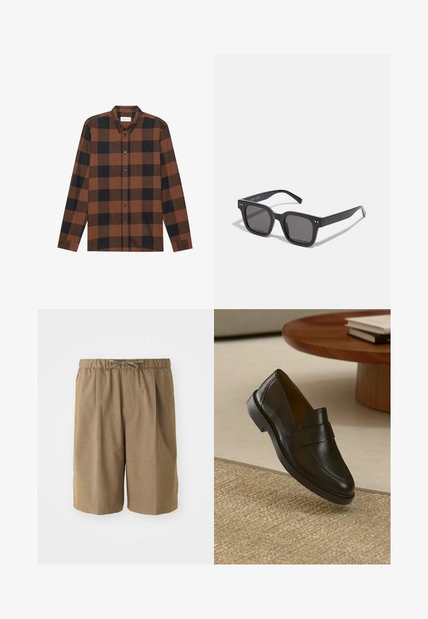 Bruin en zwart geruit overhemd met lange mouwen, gemaakt van stof, met een button-down kraag en knoopsluiting; heeft boorden met manchetten.; Bruine geplooide shorts met een elastische tailleband en verstelbaar trekkoord. Gemaakt van een gladde, lichte stof met rechte pijpen.; Zwarte leren loafers met een gladde afwerking, een ronde neus en een decoratieve band over de bovenkant. Lage rubberen hak, geplaatst tegen een gestructureerde ondergrond.; Zwarte rechthoekige zonnebril met donkere lenzen, voorzien van een dik montuur, subtiele accenten aan de zijkanten en zonder zichtbare logo's behalve de merknaam.