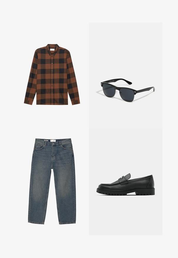 Hnědo-černá kostkovaná košile s dlouhým rukávem, vyrobená z látky, s límečkem na knoflíčky a zapínáním na knoflíky; má manžety na rukávech.; Modré džínové kalhoty s volným střihem, s klasickým pětikapsovým designem a minimálním vyblednutím. Obsahují zapínání na knoflík a poutka na opasek.; Černé kožené mokasíny s kulatou špičkou, zdobené prošitím, s nízkou platformou a texturovanou gumovou podrážkou s drážkováním.; Černé sluneční brýle s obdélníkovým tvarem, tmavými skly, stříbrnými akcenty na spáncích a matným povrchem rámu.