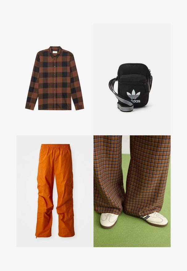 Pruuni ja musta ruudulise mustriga pikavarrukaga särk, millel on nööbiga krae ja nööbitud lipik; omaduseks on kinnitatud varrukad.; Oranžid laiad püksid elastse vöökoha ja küljetaskutega, mis on vabalt lõigatud. Valmistatud kergest kangast, millel on sile tekstuur.; Pruunide ja siniste ruuduliste laiad püksid, mille juurde on kombineeritud valged kingad mustade aktsentidega ja tekstuursete taldadega, roheline taust.; Mustmust värvi risti koti, millel on tõmblukuga sulgemine, valge Adidas'i logo ja triibuline reguleeritav rihm mugavaks kandmiseks.