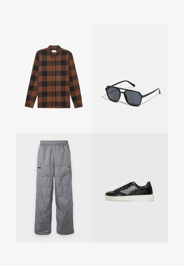 Rudas ir juodas langeliais ilgarankovė marškiniai, pagaminti iš audinio su sagų apykakle ir sagų užsegimu; turi rankogalių rankoves.; Pilkos pūkų kelnės su elastingu juosmeniu, turinčios siuvinėjimo linijas ir mažą juodą logotipą kairėje šlaunyje. Lengvas audinys.; Juodi sportiniai batai su tekstūruotu krokodilo odos pamušalu, apvalia kojų dalimi ir kontrastinga balta guma su lygiu paviršiumi.; Juodos akiniai nuo saulės su aštuonkampiu rėmeliu, tamsiais objektyvais, blizgiu paviršiumi, plonomis šakutėmis ir auksinėmis akcentais priekyje.