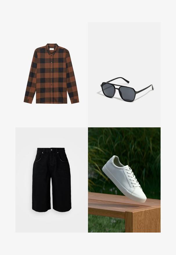 Barna és fekete kockás hosszú ujjú ing, gombos gallérral és gombos nyitással; gombos mandzsettákkal rendelkezik.; Fekete farmer rövidnadrág egyenes szárú kialakítással, öt zsebbel, fém gombos zárással és finom textúrával. A szegély tiszta vágással készült.; Fehér fűzős sneaker lebeg egy fa padról, hátterében zöld növényzet található, bemutatva a cipő dizájnját és textúráját.; Fekete napszemüveg nyolcszögletű kerettel, sötét lencsékkel, fényes felülettel, vékony szárakkal és arany díszítéssel az elülső részén.