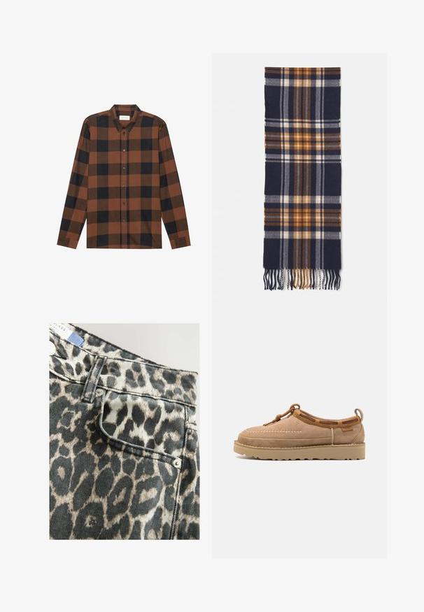 Camisa de manga larga a cuadros marrones y negros, hecha de tela, con un cuello abotonado y tapeta con botones; presenta mangas con puños.; Pantalones cortos de mezclilla con estampado de leopardo, cintura estructurada, bolsillo frontal, en una combinación de colores negra y beige, acabados con herrajes de botón plateado.; Zapato slip-on de ante marrón claro con punta redondeada, que presenta un bordado decorativo, detalles de cuero y una suela de goma.; Bufanda a cuadros azul marino hecha de un tejido suave, con patrones a cuadros en naranja, blanco y marrón, y extremos con flecos para aportar textura.