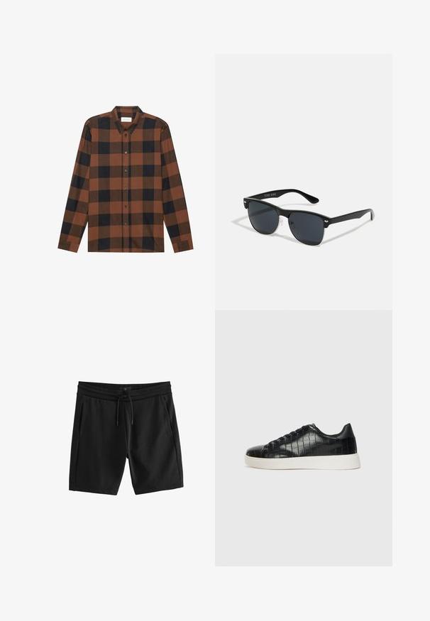 Smeđi i crni karirani košulja dugih rukava izrađena od tkanine s ovratnikom na gumbe i zakopčavanjem na gumbe; ima rukave s manžetama.; Crne sportske kratke hlače napravljene od meke pamučne mješavine, sa elastičnim pojasom i vezicom, te dva bočna džepa.; Crne tenisice s teksturiranom gornjom površinom od kože s uzorkom krokodila, zaobljenim vrhom i kontrastnom bijelom gumenom potplatom s glatkom završnom obradom.; Crne sunčane naočale pravokutnog oblika, tamne leće, srebrni detalji na sljepoočnicama i matirajuća završna obrada okvira.
