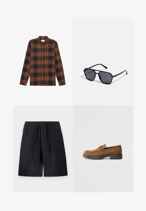 Brown and black checkered long-sleeve shirt made of fabric with a button-down collar and buttoned placket; features cuffed sleeves.; Black shorts with an elastic waistband, featuring a drawstring, side pockets, and a lightweight fabric for comfort. Seam details visible.; Brown suede loafers with a rounded toe and a low black rubber sole, featuring a decorative strap and stitching details on the upper.; Black sunglases with octagonal frame, dark lenses, glossy finish, thin temples, and gold accents on the front.
