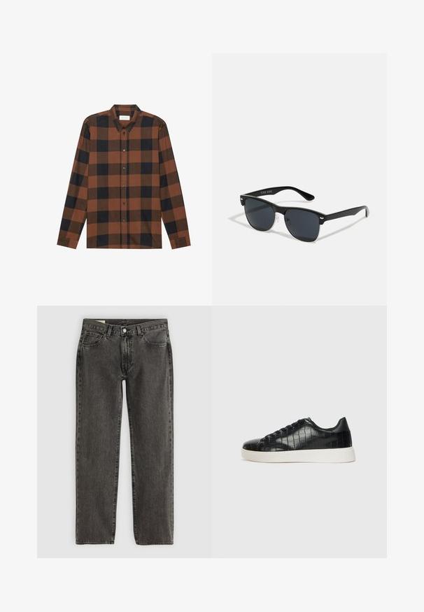 Brązowa i czarna koszula w kratę z długim rękawem, uszyta z materiału, z kołnierzykiem zapinanym na guziki i plisą z guzikami; ma mankiety zapinane na guziki.; Czarne, wyblakłe dżinsy o prostym kroju z pięcioma kieszeniami, zapięciem na guzik i szlufkami na pasek, leżące płasko na białym tle.; Czarne sneakersy z teksturowaną cholewką ze skóry z tłoczeniem w kształcie krokodyla, okrągłym noskiem oraz kontrastującą białą gumową podeszwą o gładkim wykończeniu.; Czarne okulary przeciwsłoneczne o prostokątnym kształcie, ciemnych soczewkach, srebrnych akcentach na zausznikach oraz matowym wykończeniu oprawki.