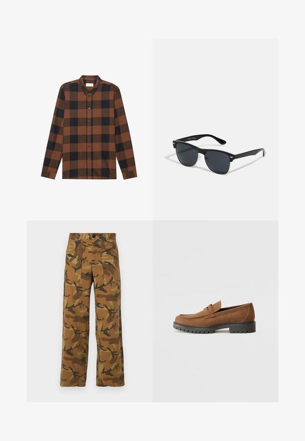 Brun og sort ternet langærmet skjorte lavet af stof med button-down krave og knaplukning; har manchetter ved ærmerne.; Camo-mønstrede cargo bukser i brune og grønne nuancer, lavet af letvægtsstof, med fire lommer og knaplukning.; Brune Suede loafers med en rund tå og en lav sort gummisål, der har et dekorativt bånd og syninger på overdelen.; Sorte solbriller med rektangulær form, mørke linser, sølvdetaljer ved tindingerne og en mat finish på stellet.; Sæt af fem armbånd medbrunt læder, træperler og en sølvkæde; varierede teksturer og former med justerbare lukkemekanismer.