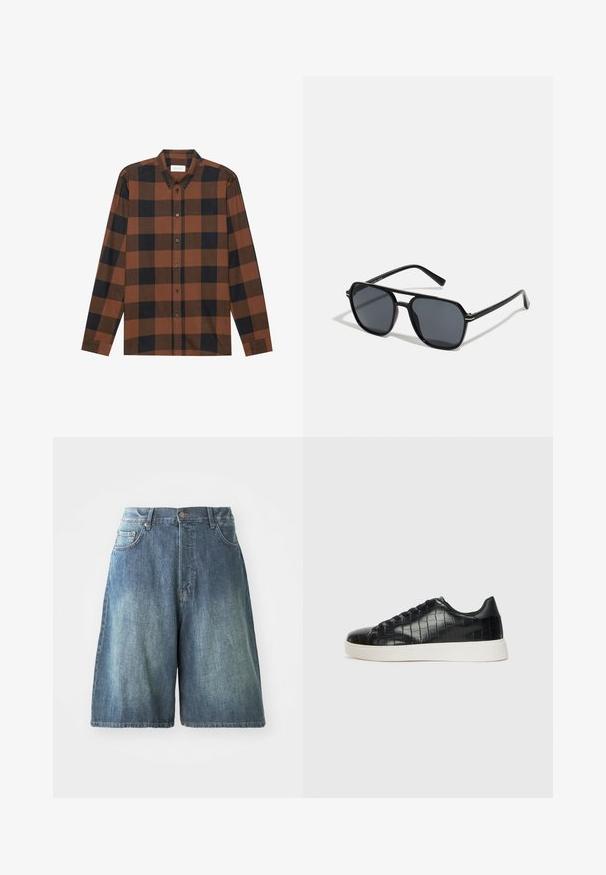 Camisa de manga longa em xadrez castanho e preto, feita de tecido, com colarinho abotoado e punho abotoado; possui mangas com punho.; Calças de ganga curtas numa lavagem azul média, com uma cintura alta, cinco bolsos e um corte reto. Detalhe de desgaste distinto na parte da frente.; Tênis pretos com cabedal em couro texturizado com relevo de crocodilo, bico arredondado e sola de borracha branca em contraste, com acabamento suave.; Óculos de sol pretos com armação octogonal, lentes escuras, acabamento brilhante, hastes finas e detalhes em dourado na parte frontal.