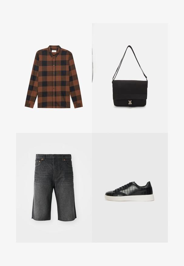 Rjava in črna karirasta srajca z dolgimi rokavi, izdelana iz blaga, z ovratnikom na gumb in gumbnim zapiranjem; ima manšete na rokavih.; Temne sivo denim kratke hlače s ravnim krojem, petimi žepi in oranžnimi šivi spredaj. Čist rob na konicah.; Črne športne copate z zgornjim delom iz teksturirane usnjene tkanine s kroko, zaobljenim nosom in kontrastnim belim gumijastim podplatom z gladko površino.; Črna torba za sporočila iz gladkega materiala, z zložljivim pokrovom, srebrno sponko in nastavljivim naramnim trakom.