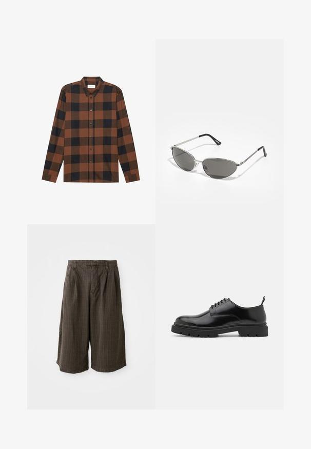 Hnedá a čierna kockovaná košeľa s dlhým rukávom, vyrobená z látky, s golierom na gombíky a gombíkovou légou; má manžety na rukávoch.; Hnedé pruhované šortky s voľným strihom. Vyrobené z ľahkej tkaniny, s plisovaním a obšitým lemom pre dodatočný detail.; Čierne kožené šnurovacie topánky s okrúhlym špičkou, hladkou textúrou a ryhovanou gumovou podrážkou. Obsahujú malý podpätok a úchytku na zadnej strane.; Slnečné okuliare s elegantným, strieborným kovovým rámom, sivými tónovanými sklami a aerodynamickým dizajnom s ostrými hranami a tenkými rámikmi.