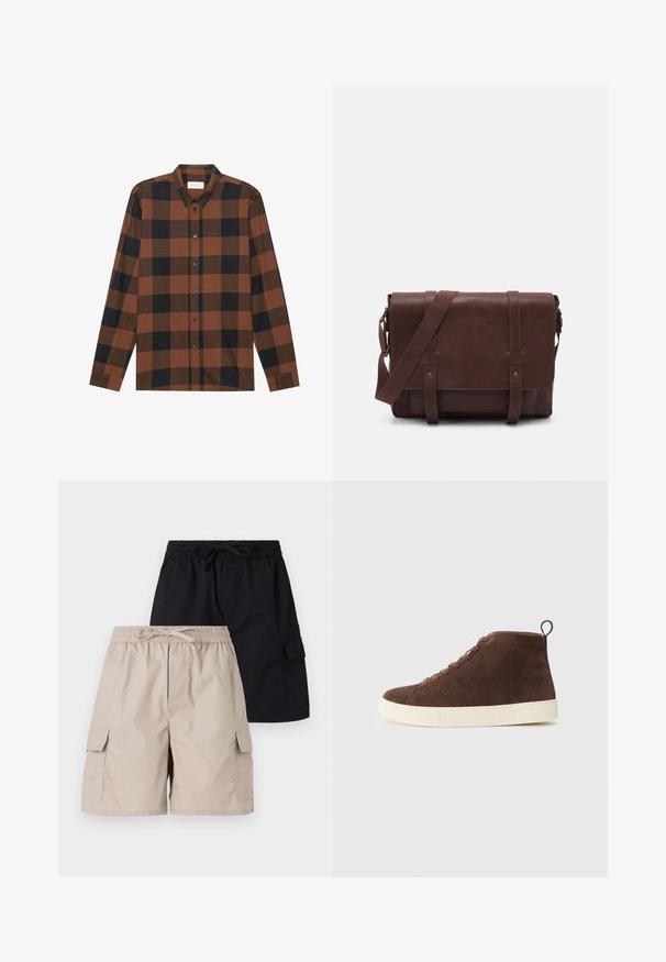 Smeđi i crni karirani košulja dugih rukava izrađena od tkanine s ovratnikom na gumbe i zakopčavanjem na gumbe; ima rukave s manžetama.; Dva para cargo kratkih hlača, jedan bež i jedan crni, s elastičnim pojasom, vezicama i bočnim džepovima.; Smeđe antilopne gležnjače s bijelim gumeni potplat, imaju okrugli vrh, vezanje i petni trak.; Smeđa kožna torba za messenger s ravnim prednjim poklopcem, dva remena, zlatnim hardverskim detaljima i podesivim remenom za rame.