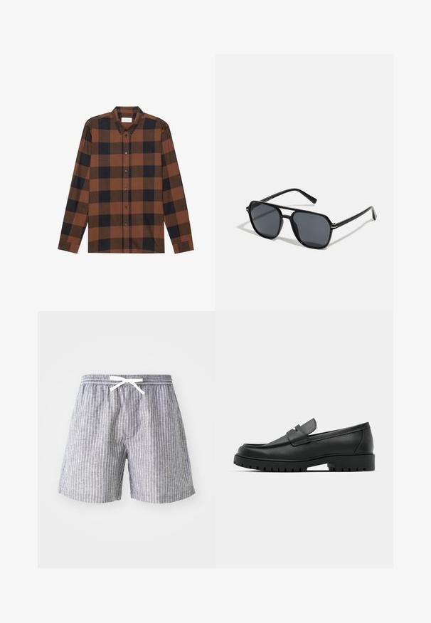 Rudas ir juodas langeliais ilgarankovė marškiniai, pagaminti iš audinio su sagų apykakle ir sagų užsegimu; turi rankogalių rankoves.; Pilkos dryžuotos šortai su raišteliu juosmens srityje, pagaminti iš lengvos medžiagos. Sukurta su vertikaliais baltais dryžiais ir laisvu, patogiu pritaikymu.; Juodi odiniai loaferiai su apvalia nosimi, su siuvinėtu dizainu, žemu platformos padu ir tekstūruotu, sukibimo raštu padu.; Juodos akiniai nuo saulės su aštuonkampiu rėmeliu, tamsiais objektyvais, blizgiu paviršiumi, plonomis šakutėmis ir auksinėmis akcentais priekyje.