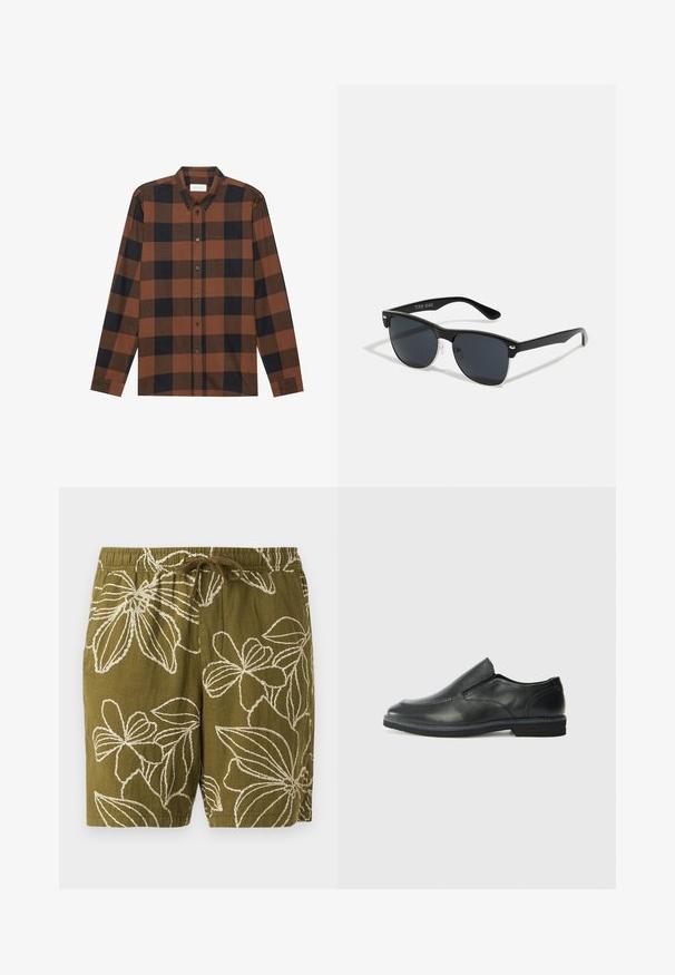 Brown and black checkered long-sleeve shirt made of fabric with a button-down collar and buttoned placket; features cuffed sleeves.; Olive green linen shorts with white floral embroidery, featuring an elastic waistband and drawstring for adjustable fit.; Black leather slip-on shoe with a smooth upper, stitched accents, rounded toe, and a low rubber heel. Sole features minimal tread.; Black sunglasses with a rectangular shape, dark lenses, silver accents at the temples, and a matte finish on the frame.