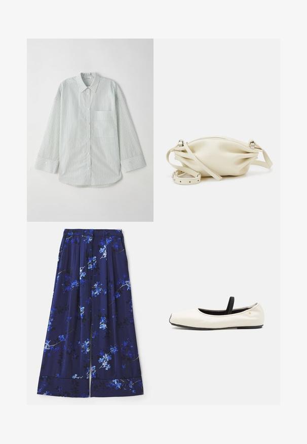 Vaaleanvihreä raidallinen pitkähihaisuus nappipaita, jossa on kaulus, yksi rintatasku ja kaareva helma.; Laivatuntemuksen sininen hame, jossa on kukkakirjonta, jossa on sinisiä ja valkoisia kukkia. Kangas on sileä ja siinä on laskokset ja leveä helma.; Tanssikengät valkoista nahkaa, pyöreällä kärjellä, mustalla elastisella nauhalla ja pienellä kultaisella emblemillä kantapään lähellä. Pehmeä pinta ja minimalistinen muotoilu.; Kerman nahkakotelo kokoontuneella muotoilulla, varustettuna vetoketjulla ja irrotettavalla säädettävällä hihnalla. Sileä pinta, minimaaliset metalliosat.