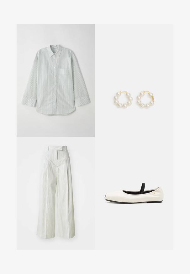Jasnozielona, w paski, długa koszula z długim rękawem, zapinana na guziki, z kołnierzykiem, jedną kieszenią na piersi oraz zaokrąglonym dołem.; Spodnie szerokie w jasnym zielonym kolorze z pionowymi białymi paskami. Posiadają wysoki stan, szlufki na pasek oraz gładką bawełnianą fakturę.; Płaskie baleriny z białej skóry z zaokrąglonym czubkiem, czarnym elastycznym paskiem i małym złotym emblematem w pobliżu pięty. Miękka tekstura i minimalistyczny design.; Kolczyki w kształcie obręczy z perłami, z zapięciem w złotym odcieniu. Projekt obejmuje kilka gładkich, białych pereł w okrągłym kształcie.