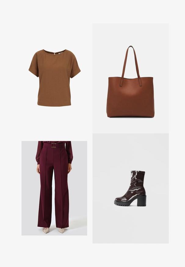 Camiseta marrón de manga corta con corte holgado, escote redondo y tejido texturizado. Presenta un pequeño detalle de ojal en la parte posterior.; Pantalones de pierna ancha en color burdeos con cintura ceñida y pliegues en la parte delantera, fabricados en un tejido suave. Combinados con zapatos beige de punta.; Botín burdeos brillante hasta el tobillo con un tacón negro grueso, que presenta una textura suave y un diseño sencillo. Sin cierres ni patrones visibles.; Bolso tote de cuero marrón con una textura suave, diseño de apertura superior y dos correas para el hombro. Presenta una costura mínima y sin herrajes visibles.