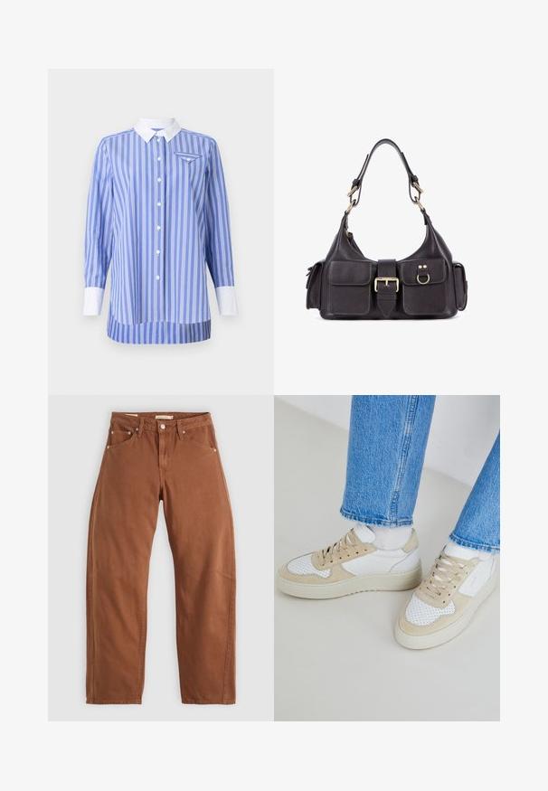 Blauw-wit gestreepte shirt met lange mouwen, knoopsluiting aan de voorkant en een witte kraag en manchetten. Bevat een klein zakje op de linkerborst.; Roestbruin rechte jeans met voor- en achterzakken, metalen klinknagels, knoopsluiting en riemlussen, plat neergelegd op een witte achtergrond.; Witte en beige sneakers met geperforeerde details, een glad leren bovenwerk en een dikke rubberen zool. Gecombineerd met lichtblauwe jeans.; Donkere leren handtas met twee voorvakken, een centrale gesp en hardware in goudkleur. Gladde textuur met een gebogen silhouet.