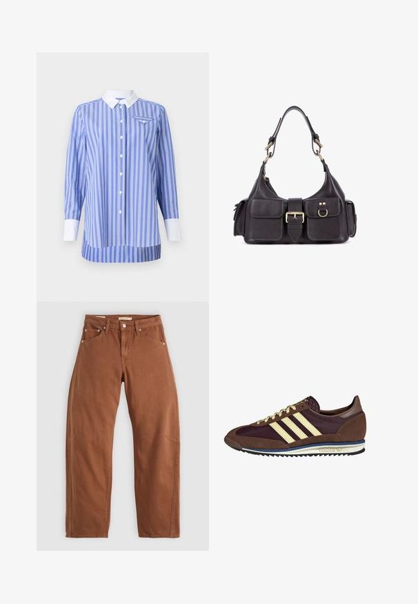 Niebieska i biała koszula w paski z długimi rękawami, z przodu zapinana na guziki, z białym kołnierzykiem i mankietami. Ma małą kieszonkę po lewej stronie na piersi.; Rude brązowe dżinsy o prostym kroju z kieszeniami z przodu i z tyłu, metalowymi nitami, zapięciem na guzik i pętlami na pasek, leżące płasko na białym tle.; Brązowe i burgundowe sneakersy wykonane z zamszu i siateczkowych materiałów, z trzema kremowymi paskami, teksturowanym materiałem na języku i gumową podeszwą.; Czarna skórzana torebka z dwoma przednimi kieszeniami, centralną klamrą i złotymi detalami. Gładka faktura z zaokrąglonym kształtem.