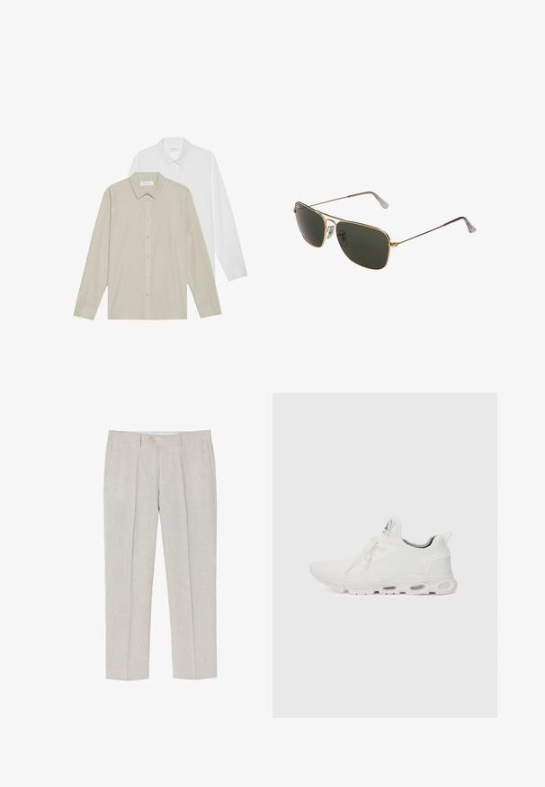 Zwei Langarmhemden: eines aus weißem Stoff, das andere aus beigem Stoff mit dünnen vertikalen Streifen. Beide haben umlegbare Kragen und Manschetten.; Helle beigefarbene Leinenhose mit geradem Bein, subtiler Textur, zwei vorderen Taschen und einem einzelnen Knopfverschluss an der Taille.; Weiße Sportschuhe mit einem strukturierten Strickobermaterial, flachen Schnürsenkeln und einer gepolsterten Sohle mit sichtbaren Luftkammern für zusätzlichen Halt.; Goldfarbene Metall-Aviator-Sonnenbrillen mit großen dunkelgrünen Gläsern, ausgestattet mit einem dünnen Rahmen und transparenten Nasenpolstern für zusätzlichen Komfort.