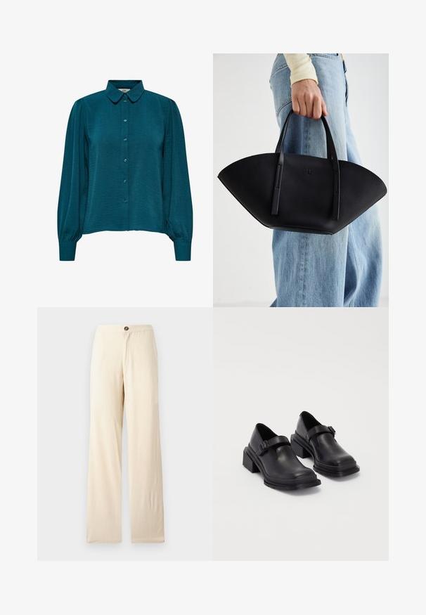 Turkizna bluzica z ovratnikom, gumbi na sprednji strani in dolgimi rokavi. Narejena iz strukturirane tkanine s nabranimi manšetami.; Bež hlače širokega kroja iz lahkega materiala. Imajo sprednji gumb za zapiranje in ravne robove. Gladka tekstura z minimalnimi šivi.; Črne usnjene čevlje z zaobljenim nosom, ravnim podplatom in trakcem z zaponko. Debel blokasti petnik za dodatno stabilnost.; Črna usnjena torbica z edinstveno obliko ventilatorja, z ravnimi ročaji. Površina ima teksturo z drobnimi kamni in minimalističen dizajn.