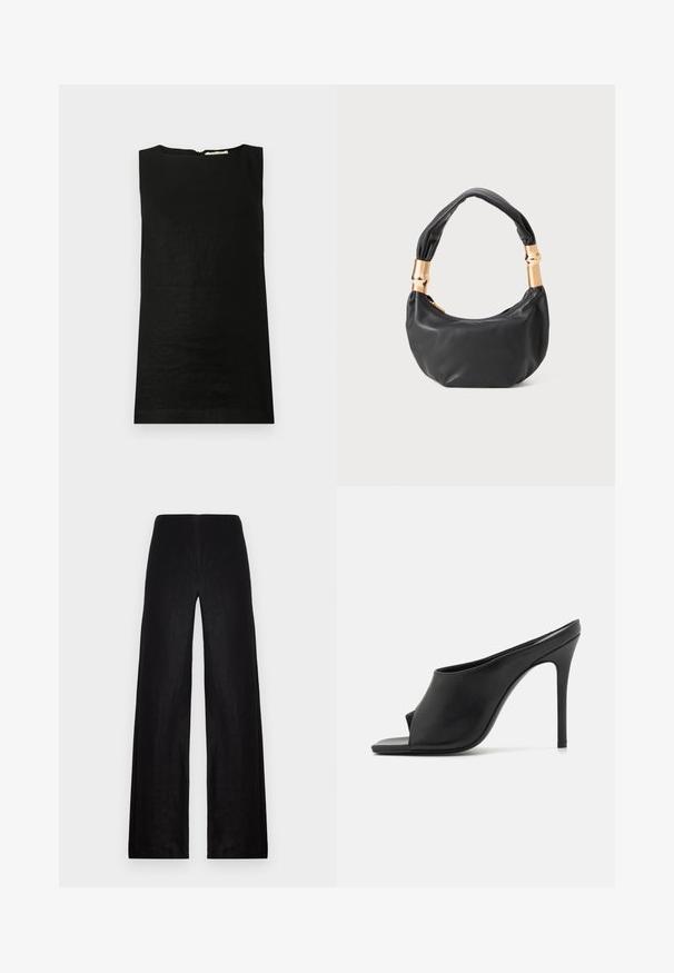 Bezsleeve melnas krūšturis, izgatavots no viegla auduma. Iezīmējas ar noapaļotu kakla izgriezumu un paslēptu aizmugurējo rāvējslēdzēju aizvēršanai.; Melnas platās bikses izgatavotas no viegla auduma. Tām ir augsta jostas vieta, gluda virsma un tīras līnijas bez kabatām vai rotājumiem.; GIABORGHINI KEIRA - T veida siksniņu sandales - black; Melnas ādas rokassoma ar apaļu formu, mīkstu tekstūru un mezgla rokturi, kas rotāts ar zelta tonētiem aksesuāriem. Ar rāvējslēdzēja aizdari.