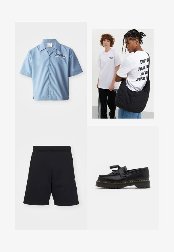 Világoskék, rövid ujjú, gombos ing sima anyagból. A bal mellrészen fekete-fehér Puma logó található. Klasszikus gallérkialakítás.; Fekete rövidnadrág puha anyagból, elasztikus derékkal, oldalsó zsebekkel és egy kis arany logóval az alsó bal oldalon.; Fekete bőr mokaszin, rojtos díszítéssel, masszív fekete talppal és sárga varrással az élén. Texturált felület.; Fekete steppelt válltáska puha textúrával, egy fehér grafikás pólót viselő személyen, amely bátor szöveget tartalmaz. Lazán öltözködik farmernadrágban.