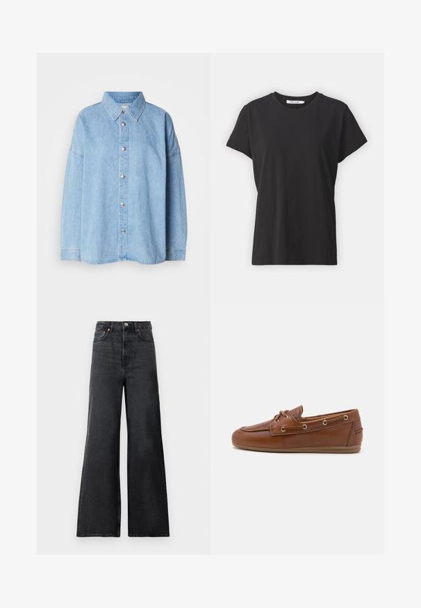 Camisa de denim azul claro con cierre de botones en la parte delantera, cuello extendido y mangas largas, con botones de metal y un diseño de ajuste relajado.; Camiseta de algodón negra con cuello redondo clásico, mangas cortas y un ajuste relajado. Textura suave, sin patrones ni acentos visibles.; Jeans de mezclilla negros acampanados con cintura alta, que cuentan con un cierre de botón de metal, bolsillos delanteros y un ligero desgaste en la tela.; Zapatos de barco de cuero marrón con detalle de cordones, ojales metálicos, un acabado texturizado y una suela de caucho flexible en color beige. Diseño de puntera redondeada.