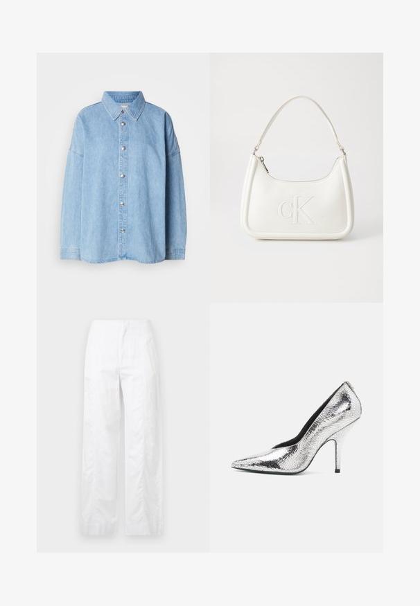 Chemise en denim bleu clair avec un devant à boutons, col étalé et manches longues, ornée de boutons en métal et d'un design à coupe décontractée.; Pantalons larges blancs en tissu léger, présentant une texture lisse, des lignes épurées et une taille haute.; Chaussure à talon aiguille argentée avec un bout pointu et une finition métallique texturée. Présente une silhouette élégante et un fin talon stiletto.; Sac à main en cuir blanc avec une forme courbée, arborant un logo "CK" embossé à l'avant et une seule bandoulière. Fermeture à glissière en haut.