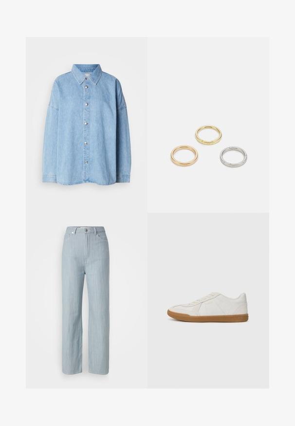 Helles blaues Denim-Hemd mit Druckknopfverschluss, umschlagbarem Kragen und langen Ärmeln, ausgestattet mit Metallknöpfen und einem lockeren Schnitt.; Helle blaue gerade geschnittene Jeans aus Denim. Verfügt über fünf Taschen, einen Metallknopfverschluss und dezente Waschungen für zusätzliche Textur.; Weißer Sneaker mit einem strukturierten Obermaterial aus Leder und einer Gummisohle. Zu den Merkmalen gehören ein Schnürdesign und dezente Markenverzierungen an der Seite.; Drei Metallringe: einer in Roségold, einer aus Gold mit strukturierten Akzenten und einer aus Silber, alle mit graviertem Branding auf dem inneren Band.