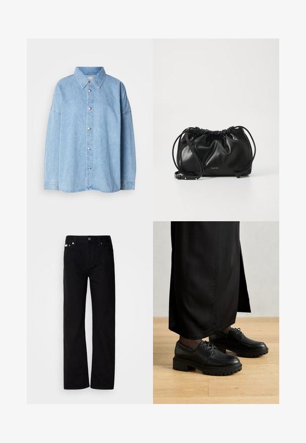 Lichtblauw denim overhemd met een knoopsluiting aan de voorkant, verspreide kraag en lange mouwen, met metalen knopen en een ontspannen pasvorm.; Zwarte denim rechte broek met vijf zakken, zilveren klinknagels en een knoopsluiting. De stof heeft een gladde, licht gestructureerde afwerking.; Zwarte leren schoenen met een ronde neus, dikke rubberen zool en veters. Het ontwerp heeft decoratieve stiksels langs de bovenkant.; Zwarte leren handtas met geplooid ontwerp, dubbele trekkoordsluiting en afneembare schouderband. Voorzien van metallic logo detail.