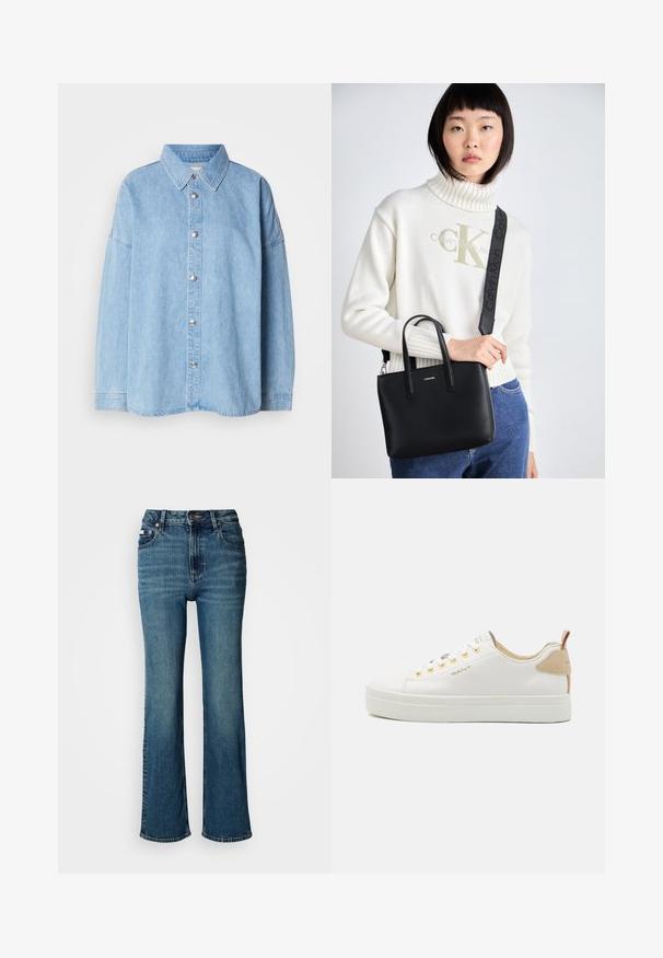 Camicia di jeans blu chiaro con bottoni frontali, colletto a punta e maniche lunghe, dotata di bottoni metallici e design dalla vestibilità comoda.; Jeans a vita alta blu in denim, con un design a gamba dritta, lievi sbiaditure e chiusura con bottone e cerniera standard.; Sneaker bianche in pelle con suola in gomma texturizzata, occhielli dorati e un accento beige sul tallone. Logo GANT visibile sul lato.; Borsa a mano in pelle nera con doppi manici superiori e tracolla removibile. Presenta un logo argentato sul davanti e una texture liscia.