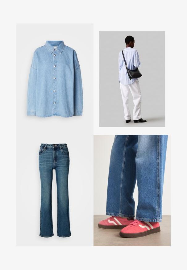 Világoskék farmering gombos elülső résszel, terjedelmes gallérral és hosszú ujjakkal, fémgombokkal és laza fit kialakítással.; Magas derekú kék farmernadrág, egyenes szárú dizájnnal, enyhe kopással és normál gombos-zipzáros záródással.; Rózsaszín velúr sportcipők fehér hullámos csíkkal és barna gumitalppal, világoskék, bő lábfejű farmernadrággal párosítva.; Fekete bőr válltáska puha tapintással, háromszög alakú, állítható pánttal, világoskék csíkos inggel és fehér nadrággal párosítva.