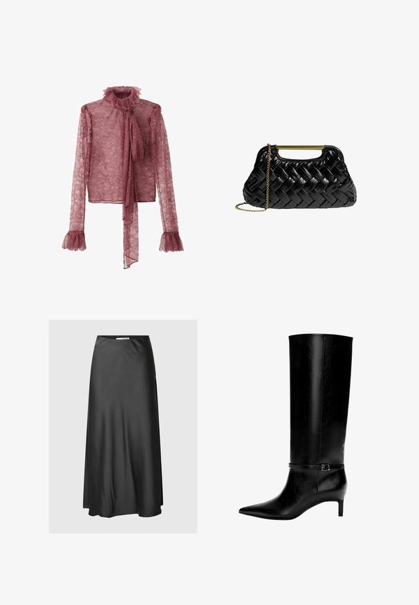 Lacebluse i mauve med en flæset halsudskæring, lange ærmer og båndsløjfe fortil; har flared, flæset ærmekant.; Sort satin maxi-nederdel med en glat tekstur, lige silhuet og elastisk talje for en behagelig pasform.; Sort læderknæhøj støvle med spids tå og en lille hæl. Har en smal rem med en metallisk spænde omkring anklen. Glat overflade.; Sort vævet lædertaske med et guldmetallisk håndtag og en fjernbar kædebeslag. Har en glansfuld overflade og blød, afrundet form.