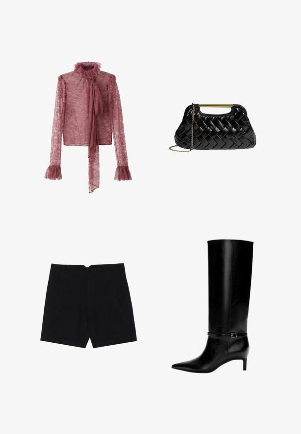 Čipkasta bluza v mauve barvi z naborkom okoli vratu, dolgimi rokavi in s trakom na sprednji strani; ima razširjene, naborkane manšete.; Črne kratke hlače iz gladkega materiala, z stranskimi žepi, prilega se in ima strukturirane pregibe spredaj za čist silhueto.; Črne usnjene zimske škornje do kolen s koničastim nosom in majhno peto. Imajo ozko zaponko z kovinsko zaponko okoli gležnja. Gladka tekstura.; Črna pletena usnjena torbica z zlatim kovinskim ročajem in odstranljivo verižico. Ima sijajno površino in mehak, okrogel obliko.