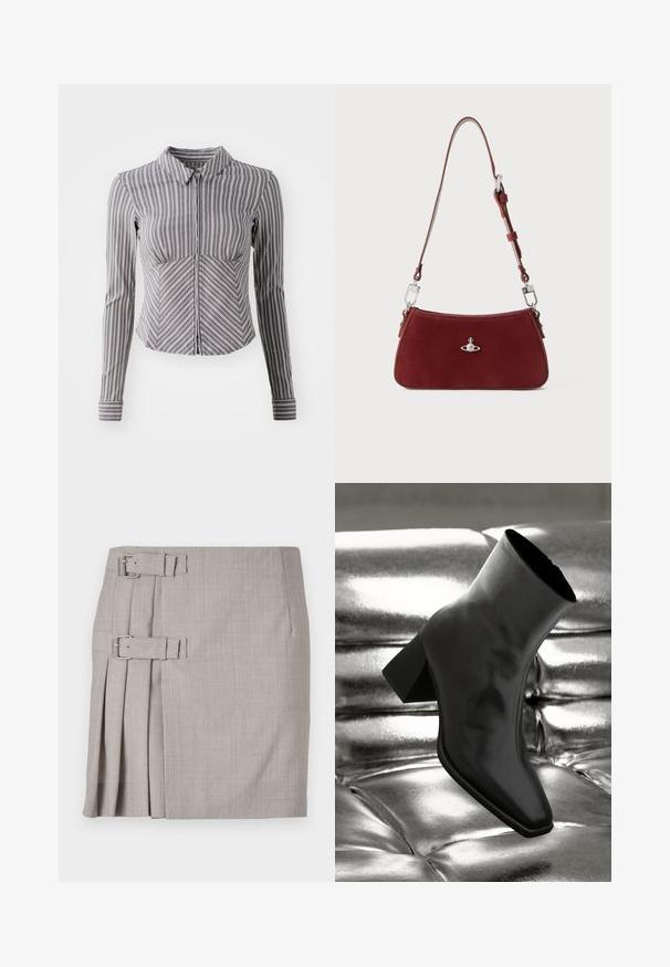Gray long-sleeve shirt with vertical white stripes, collared neckline, and zipper front. Features a fitted design and curved bottom hem.; Gray skirt featuring a textured fabric, side pleats, and two buckle accents for adjustable fit. Classic straight shape, knee-length design.; Black ankle boot made of glossy material with a square toe and tapered heel, set against a shiny silver tufted background.; Red suede shoulder bag with a curved shape. Features a silver-tone accent and adjustable strap with hardware detailing. Smooth texture.