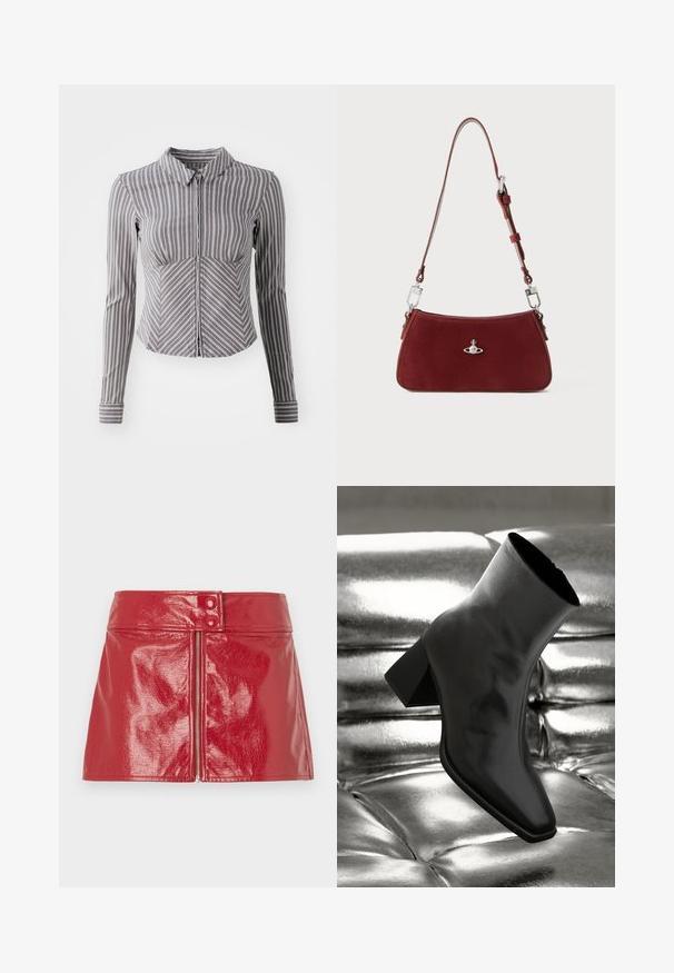 Grå langermet skjorte med vertikale hvite striper, krage og glidelås foran. Har en tettsittende design og buet bunnkant.; Rød, glanset miniskjørt med glidelås foran og to knapper i midjen. Glatt tekstur med en tettsittende silhuett.; Sorte ankelstøvler laget av blankt materiale med firkantet tå og avsmalnende hæl, plassert mot en glinsende sølvfarget tuftet bakgrunn.; Rød semsket skulderveske med buet form. Har sølvfargede akenter og justerbar stropp med detaljer i metall. Glatt tekstur.